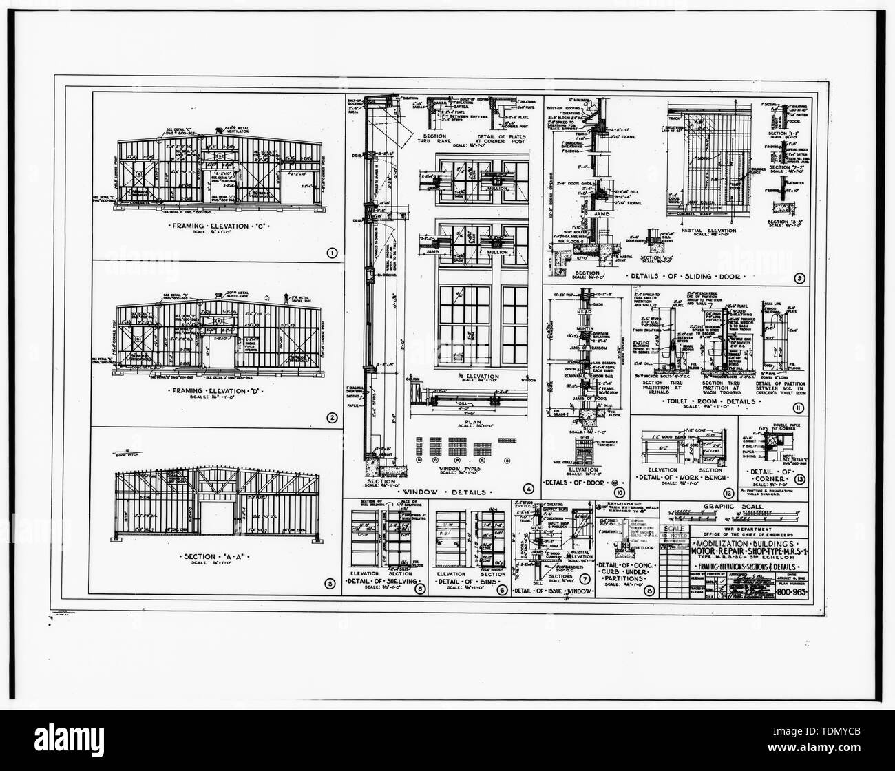 PLAN 800-963; MOTOR REPAIR SHOP, TYPE M.R.S.-1, FRAMING ELEVATIONS, SECTIONS and DETAILS - Fort McCoy, Building No. 1463, Sparta, Monroe County, WI Stock Photo