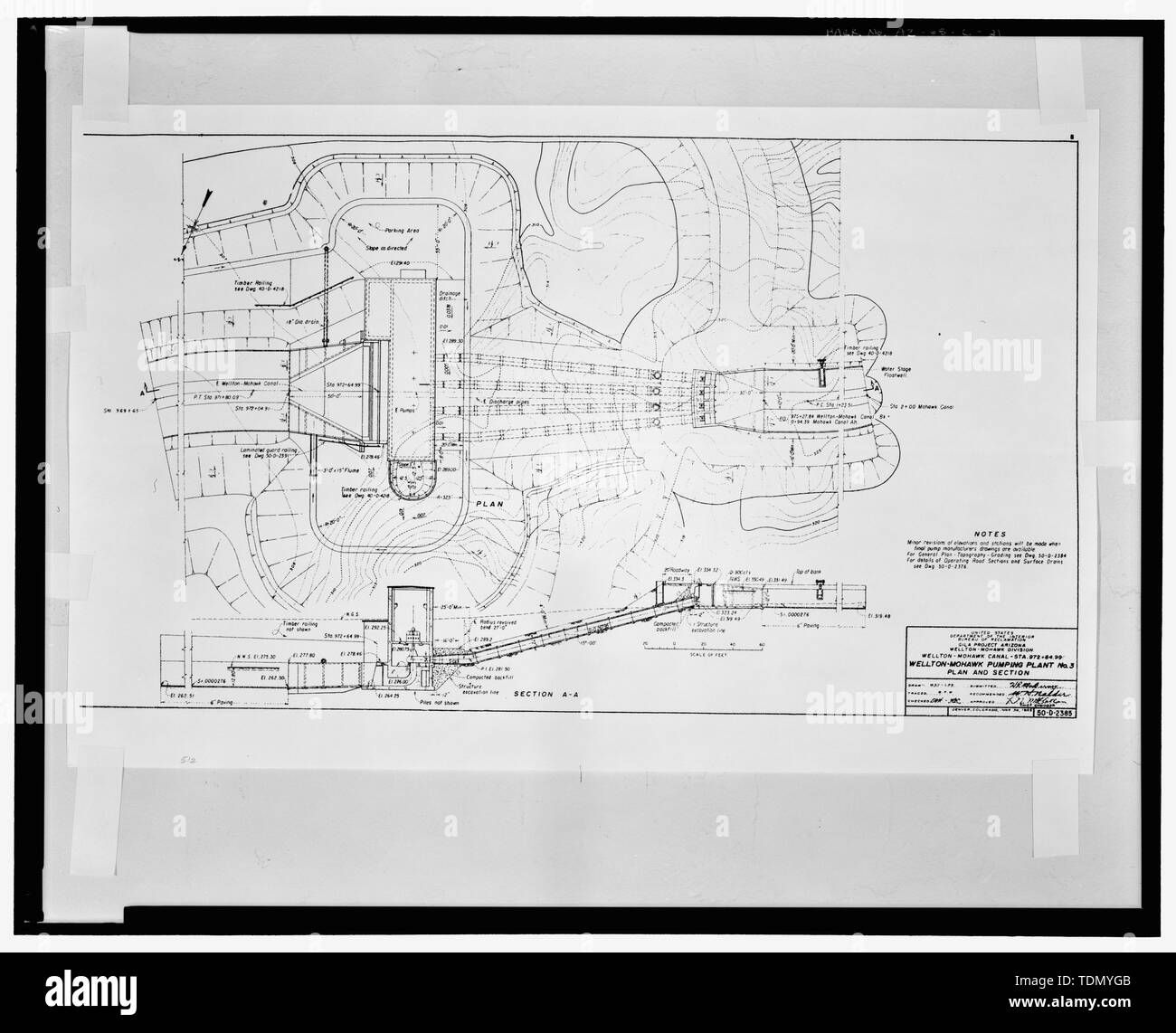 PLAN AND SECTION. WELLTON-MOHAWK PUMPING PLANT NO. 3. WELLTON-MOHAWK CANAL - STA. 972-64.99. United States Department of the Interior, Bureau of Reclamation; Gila Project, Arizona, Wellton-Mohawk Division. Drawing No. 50-D-2385, dated June 30, 1948, Denver, Colorado - Wellton-Mohawk Irrigation System, Pumping Plant No. 3, South of Interstate 8, Wellton, Yuma County, AZ Stock Photo