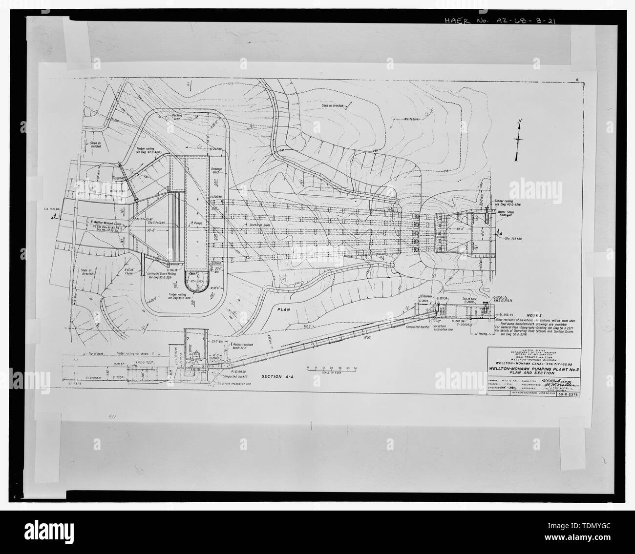 PLAN AND SECTION, WELLTON-MOHAWK PUMPING PLANT NO. 2. WELLTON-MOHAWK CANAL - STA. 717+62.95. United States Department of the Interior, Bureau of Reclamation; Gila Project, Arizona, Wellton-Mohawk Division. Drawing No. 50-D-2378, dated June 30, 1948, Denver Colorado - Wellton-Mohawk Irrigation System, Pumping Plant No. 2, Bounded by Interstate 8 to south, Wellton, Yuma County, AZ Stock Photo
