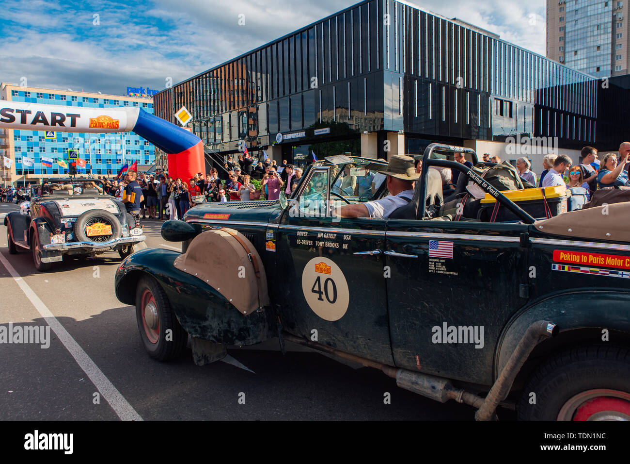 Novokuznetsk, Russia, 13 June 2019: The 7th Peking to Paris Motor Challenge 2019. Cadillac 60 Series 1937 leaving the city and going to next stage of Stock Photo
