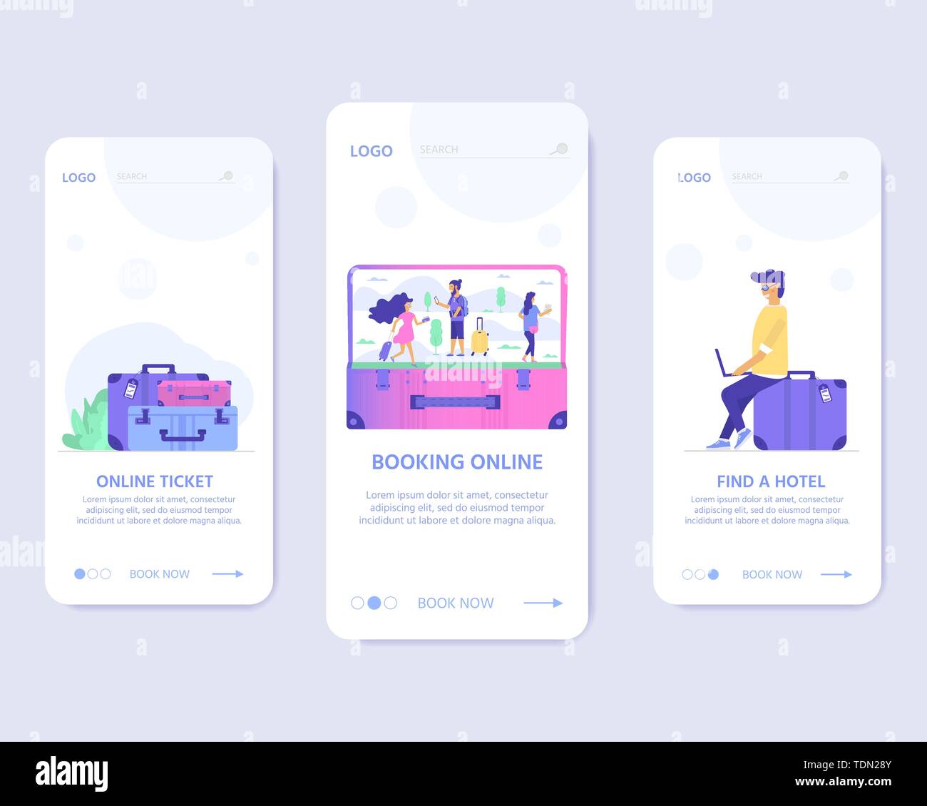 Young people with phone, bag and baggage. Travel and tourism concept for website template, online booking reservation, landing page, banner, flight ti Stock Vector