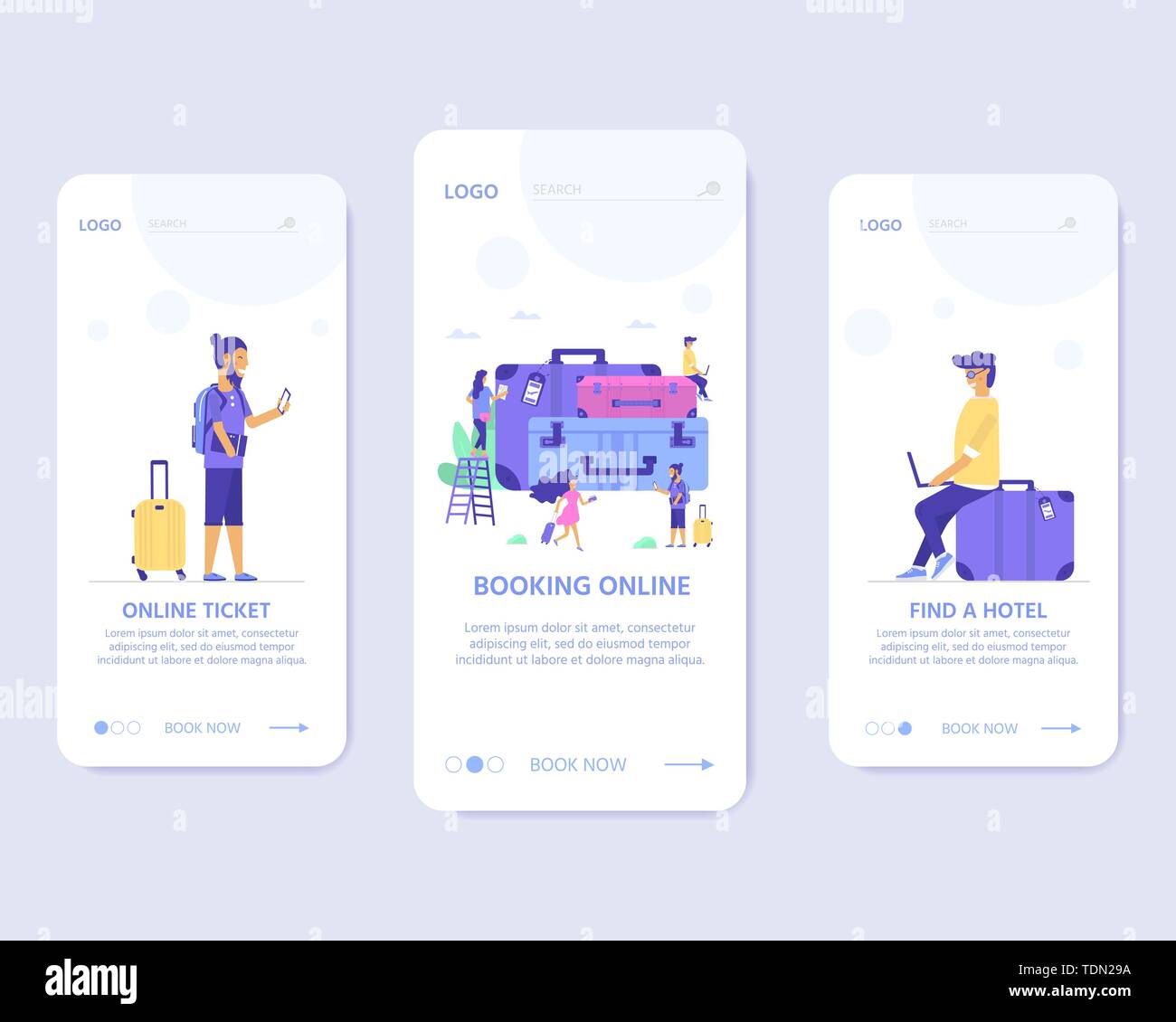 Young people with phone, bag and baggage. Travel and tourism concept for website template, online booking reservation, landing page, banner, flight ti Stock Vector