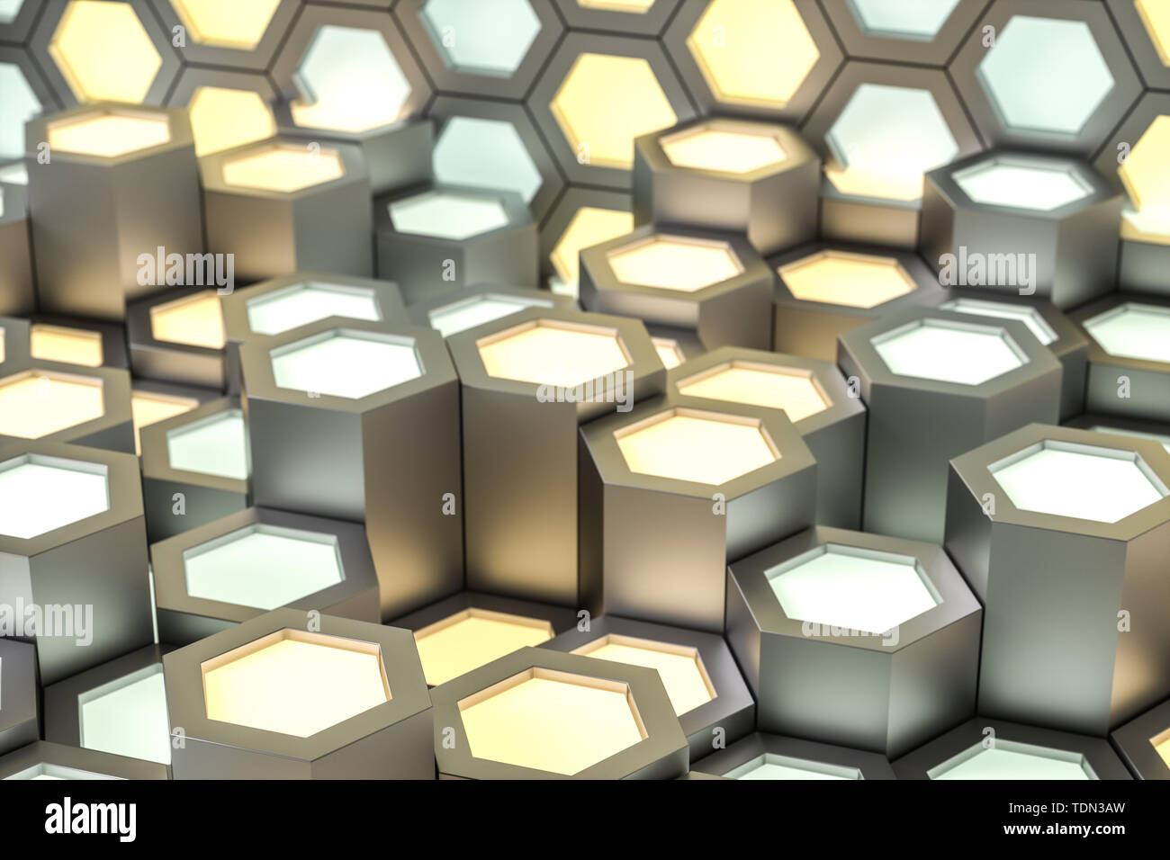 Golden hexagonal metallic background, three-dimensional rendering Stock Photo