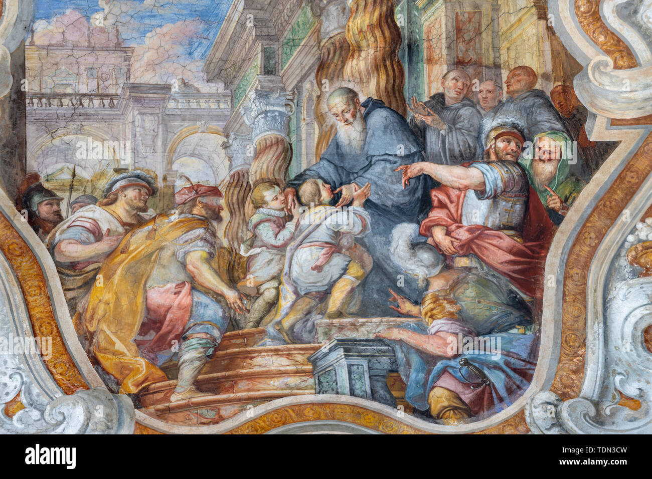 CATANIA, ITALY - APRIL 7, 2018: The vault fresco from live of Saint Benedict in church Chiesa di San Benedetto by Giovanni Tuccari (1667–1743). Stock Photo