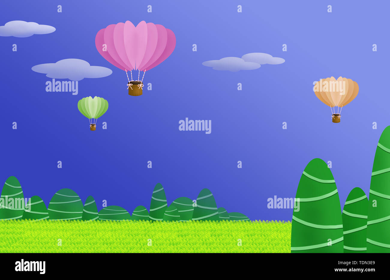Color hot air balloon outdoor village illustration Stock Photo