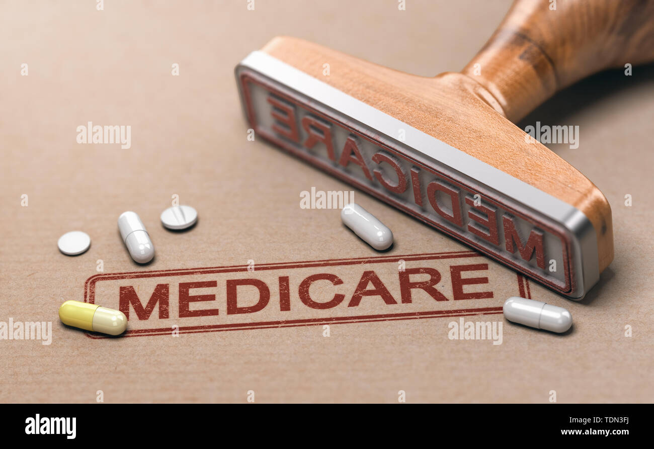 3D illustration of a rubber stamp with the text medicare and pills over paper background. Stock Photo