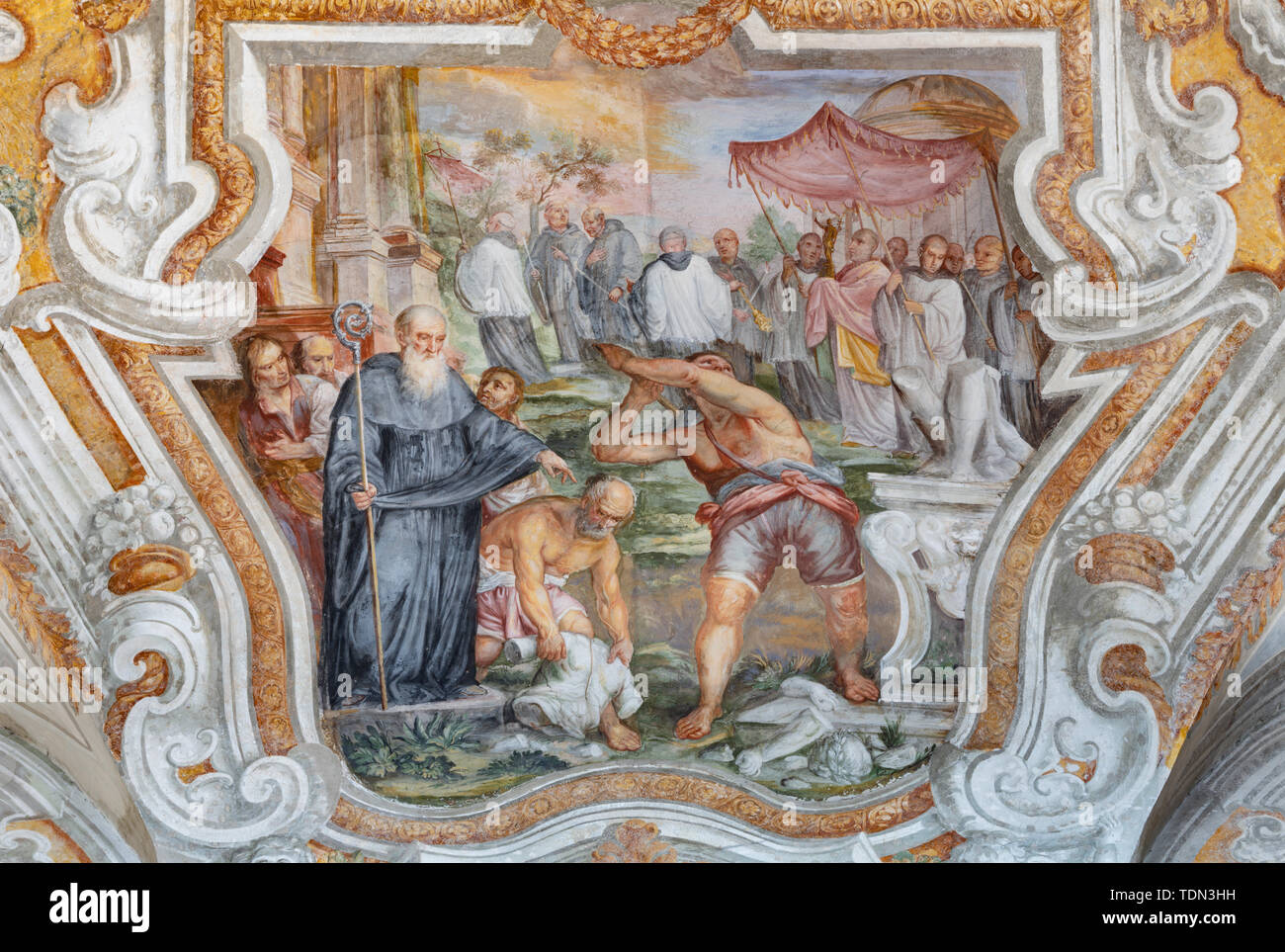CATANIA, ITALY - APRIL 7, 2018: The vault fresco from live of Saint Benedict in church Chiesa di San Benedetto by Giovanni Tuccari (1667–1743). Stock Photo