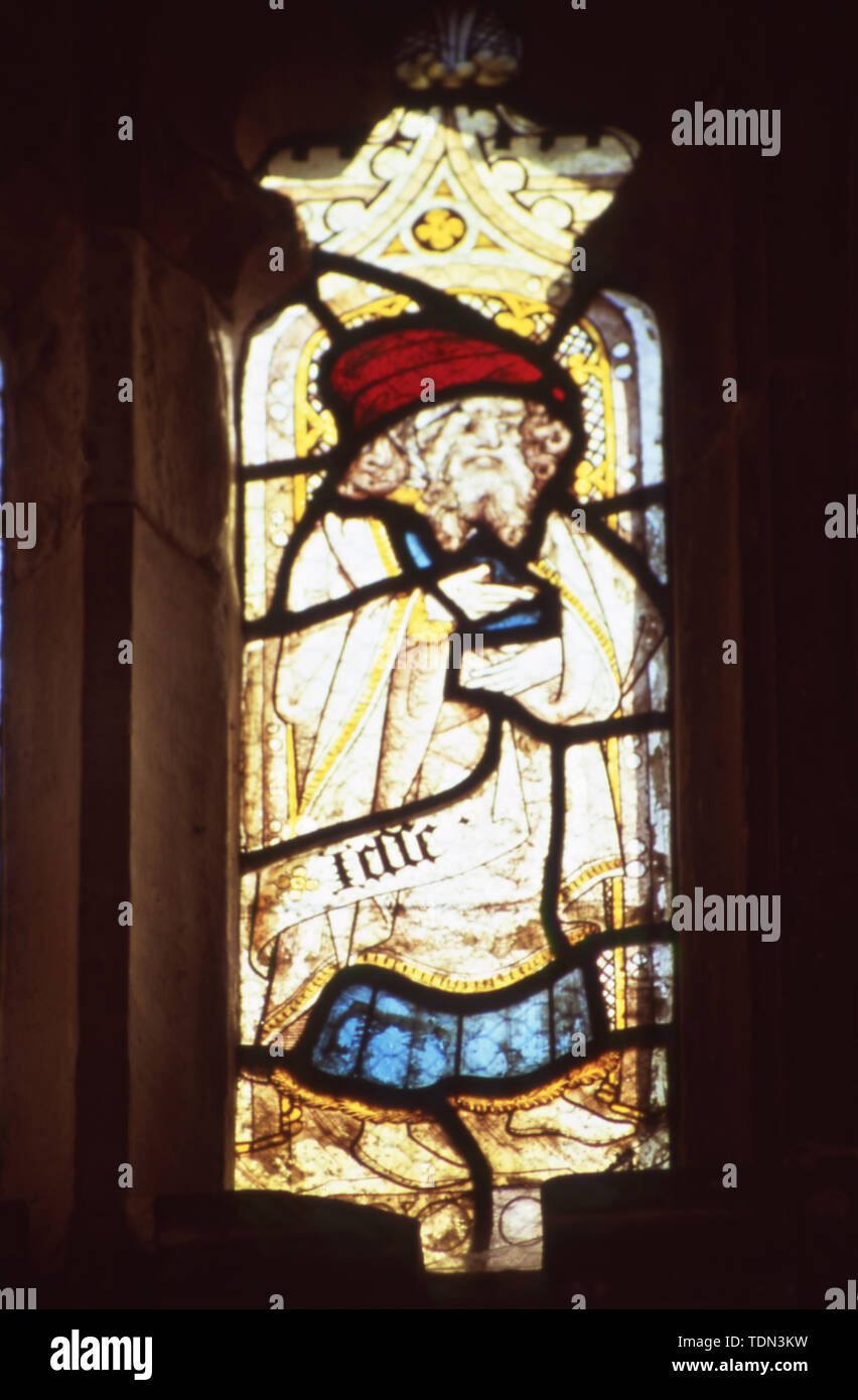 Stained glass window, 15th century glass fragments, Genealogy of Christ, St Mary's, Combs, Suffolk, UK. Stock Photo