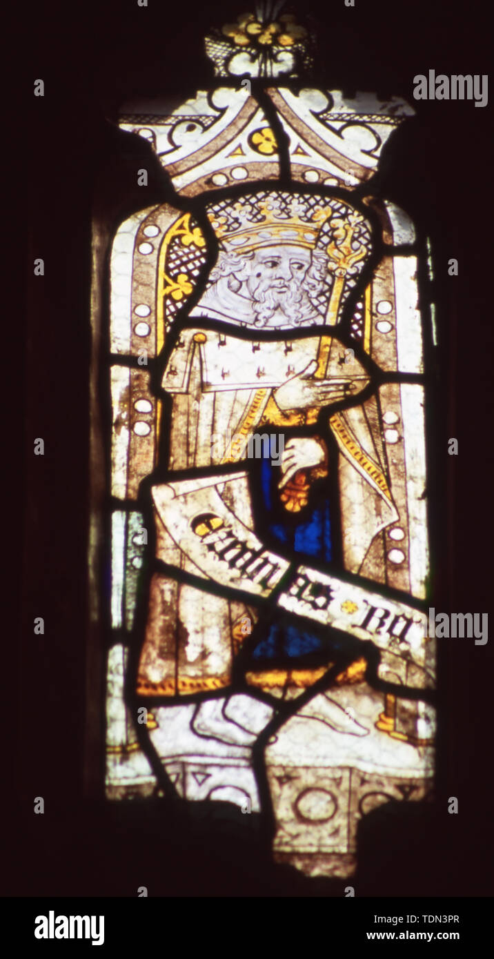 Stained glass window, 15th century glass fragments, Genealogy of Christ, Ezechias, St Mary's, Combs, Suffolk, UK. Stock Photo
