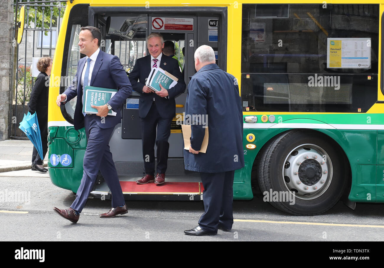 Taoiseach Leo Varadkar and Minister Richard Bruton arrive on a Hybrid Electirc bus at TU Dublin Grangegorman campus for the publication of the governments Climate Action Plan to Tackle Climate Breakdown. Stock Photo