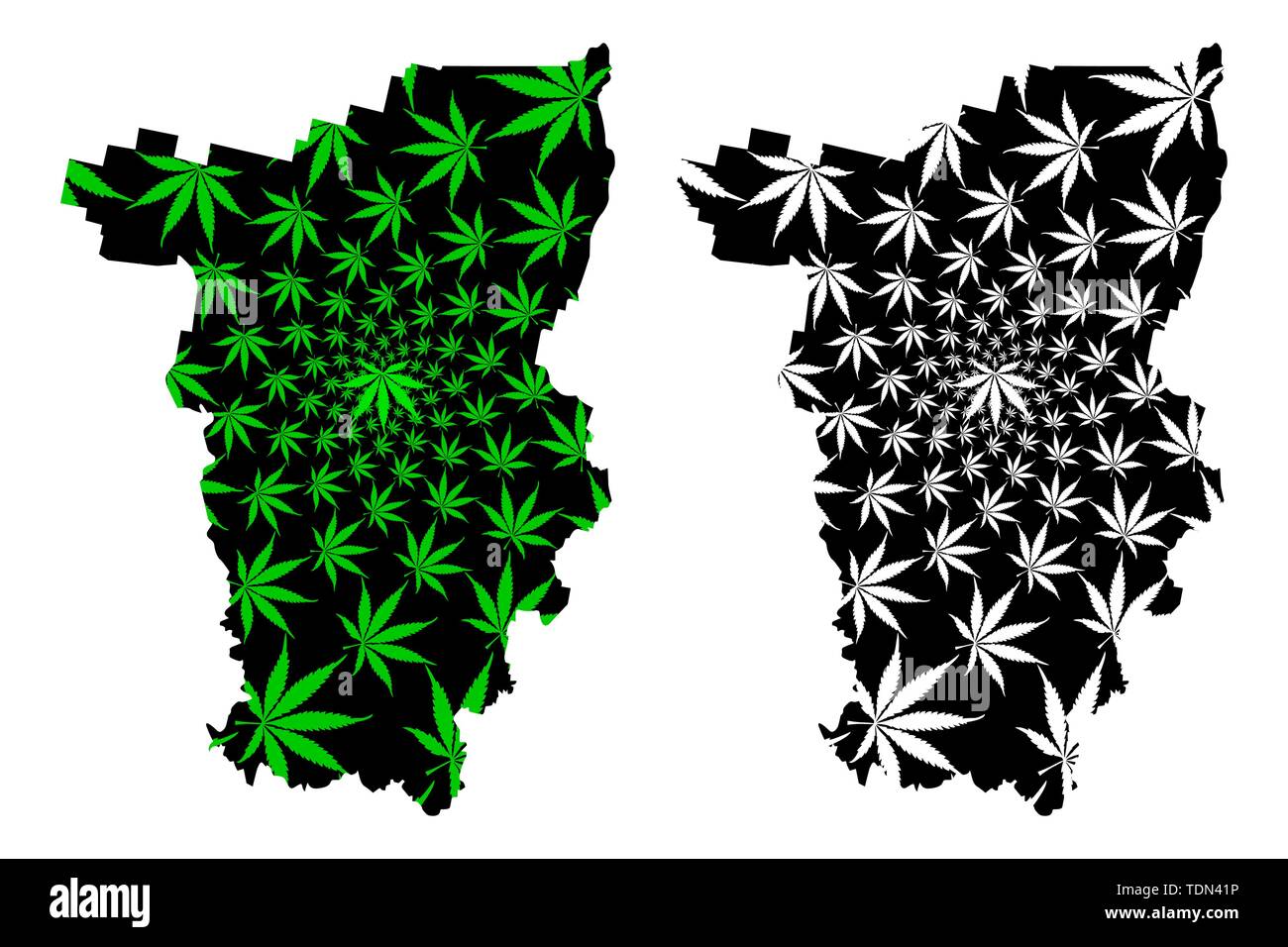 Perm Krai (Russia, Subjects of the Russian Federation, Krais of Russia) map is designed cannabis leaf green and black, Perm Krai map made of marijuana Stock Vector