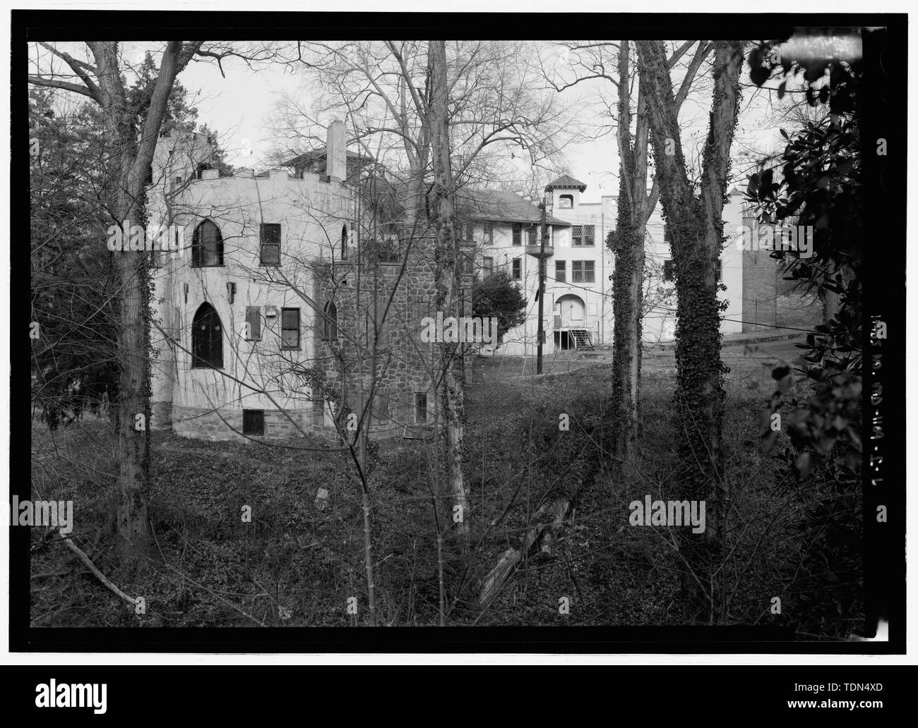 Perspective view looking from the southwest - National Park Seminary, Castle, Ravine in northeast part of campus, Silver Spring, Montgomery County, MD; Pi Beta Nu sorority; Ament, James E; Price, Virginia B, transmitter; Ott, Cynthia, historian; Boucher, Jack E, photographer; Price, Virginia B, transmitter; Lavoie, Catherine C, project manager Stock Photo