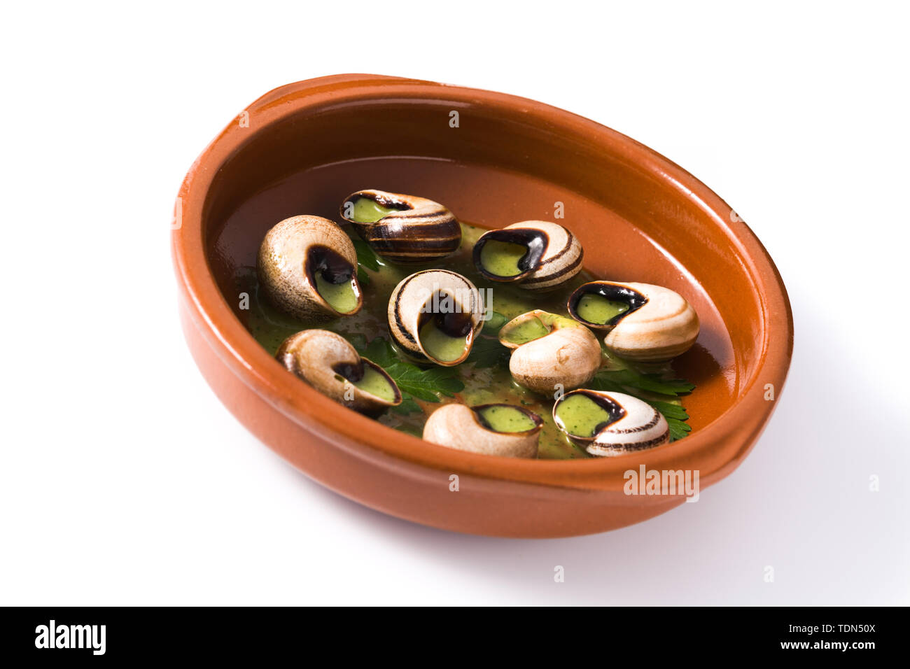 Escargots de Bourgogne isolated on white background Stock Photo