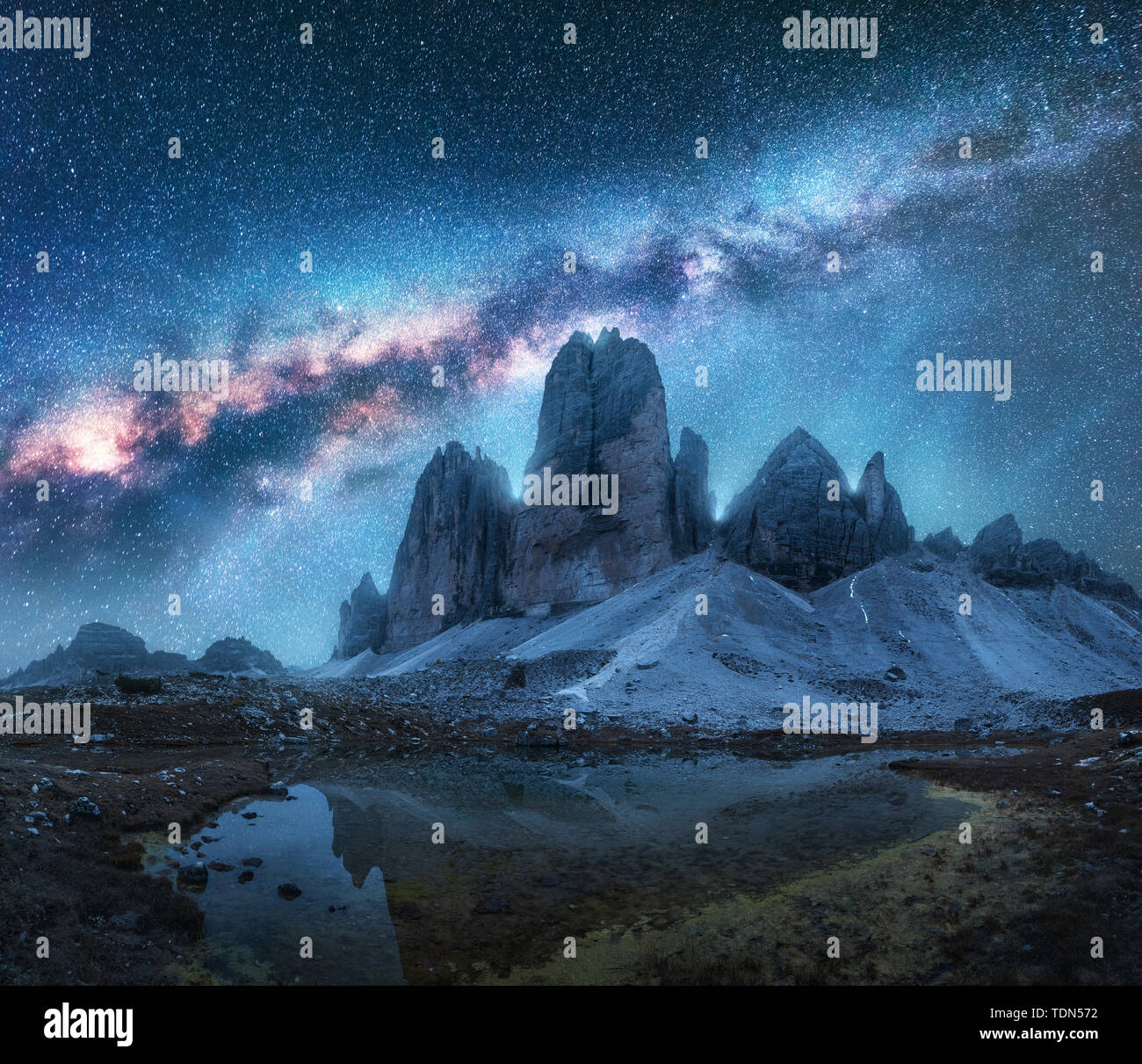 Milky Way over mountains at night in summer. Landscape Stock Photo