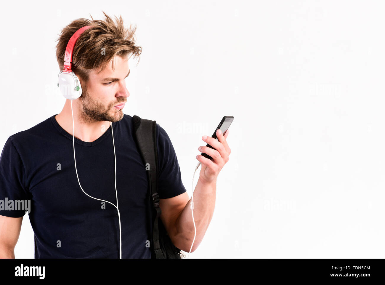 Enjoy sound headphones. Music gadget. Musical accessory gadgets. Man listen  music online headphones and smartphone. Modern technology. Radio wave. Pop  music. Mp3 player concept. Music application Stock Photo - Alamy
