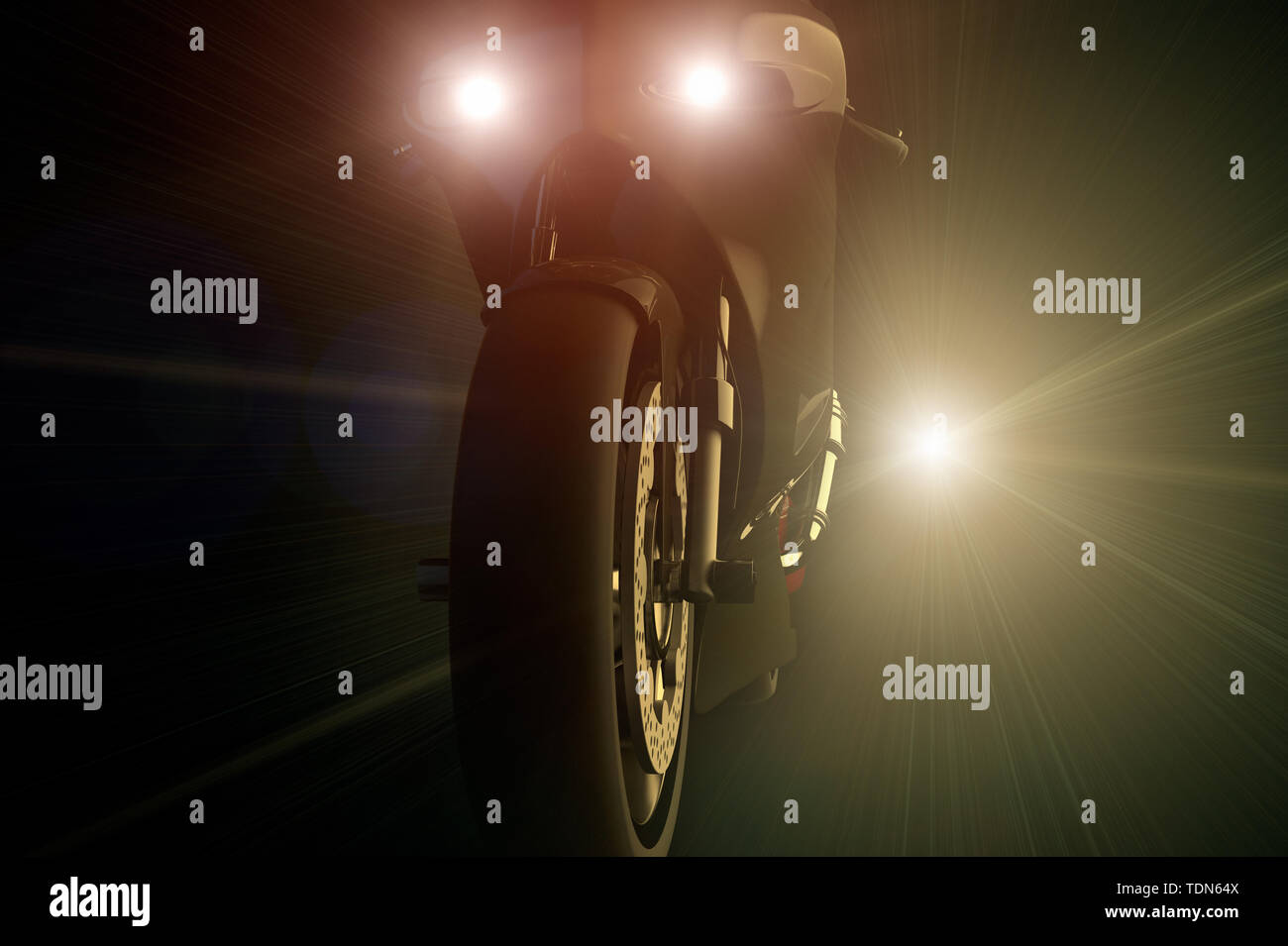 3D rendering of a motorcycle being chased by a bright light at night Stock Photo