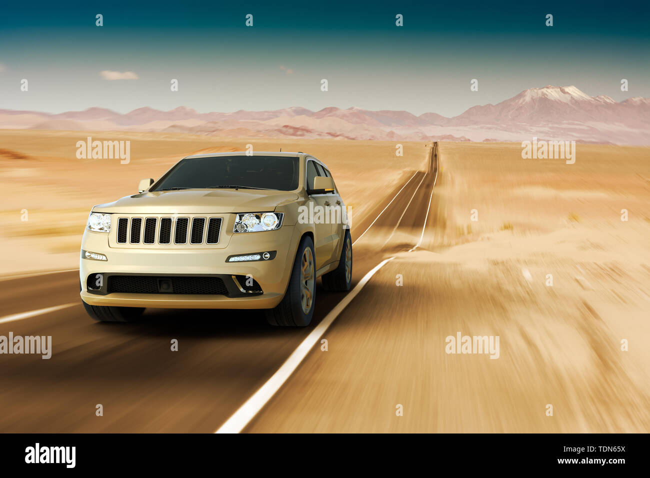 3D rendering of a SUV in a road at the Atacama Desert Stock Photo