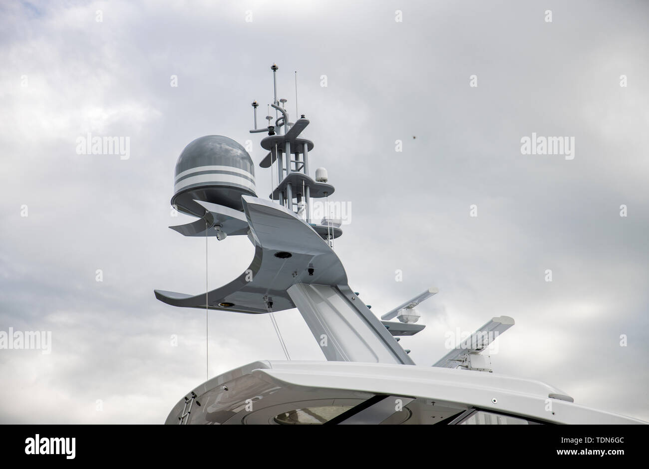 Ships antenna and navigation system on exclusive expensive yacht Stock Photo