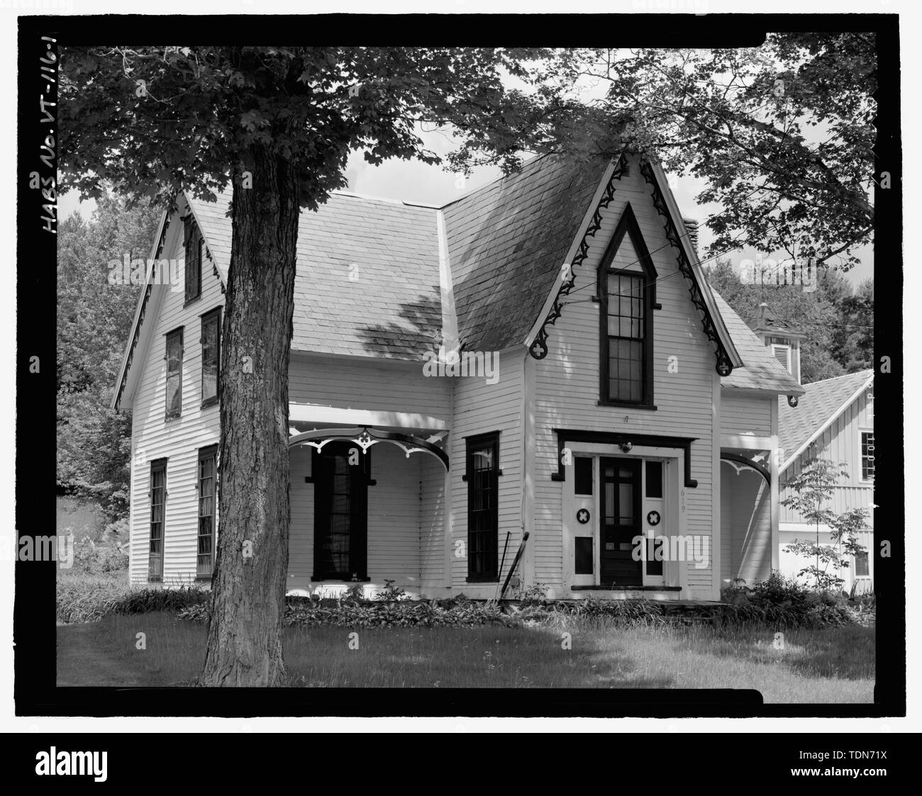 Perspective view, northeast, of Whitman House, a Gothic Revival cottage