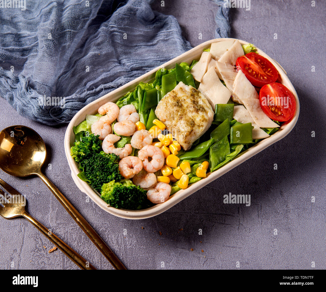 Fresh shrimp, lobster, fish salad, light food. Stock Photo