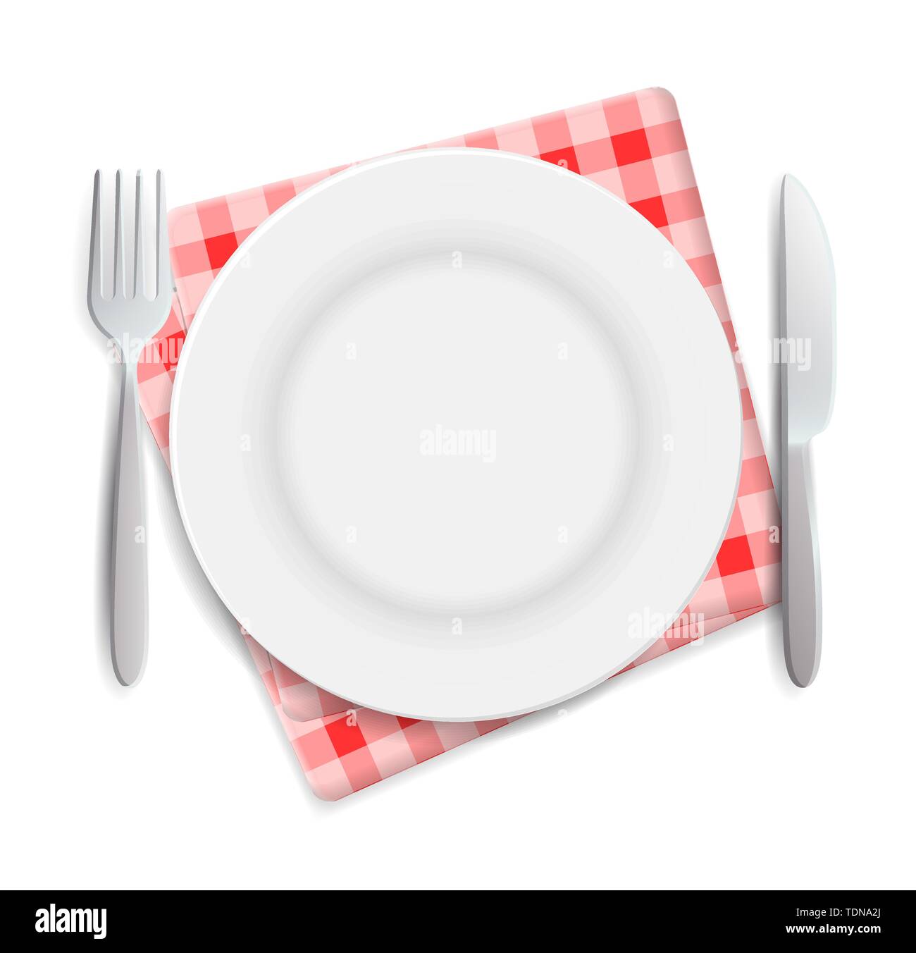 Realistic empty plate, fork and knife served on checkered red napkin vector illustration. Can be used for advertising Stock Vector