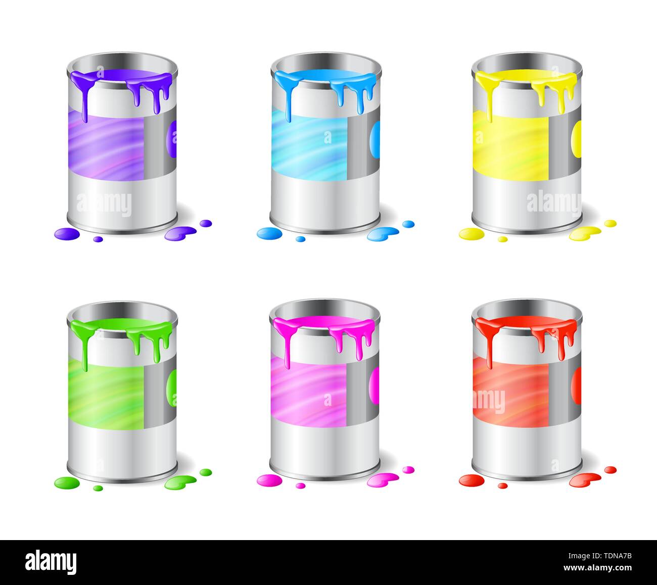 Big set of open metal paint cans with color paint and drops isolated on white Stock Vector