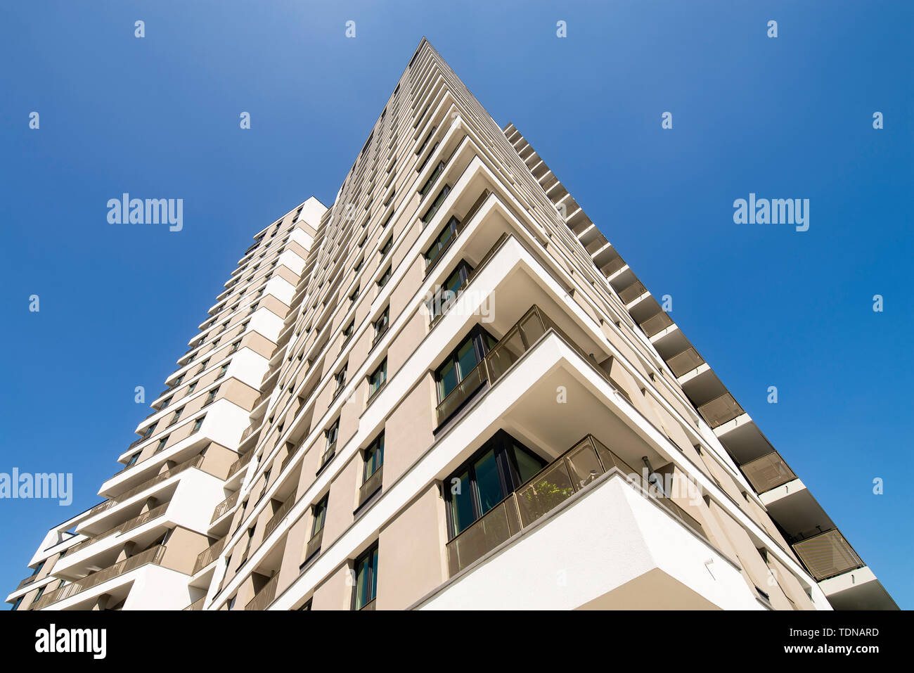 High-rise residential building in the European quarter of Frankfurt am Main in the worm's-eye view Stock Photo