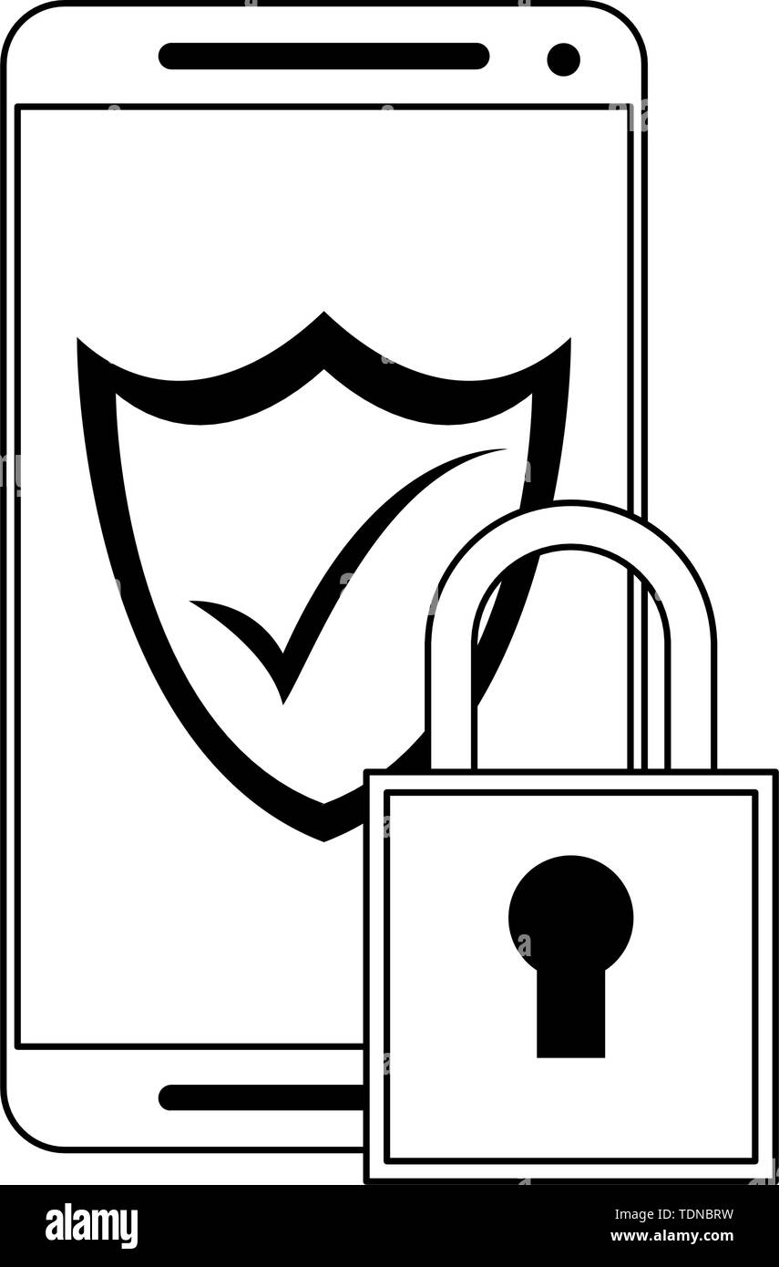 Smartphone security system padlock and shield in black and white Stock ...