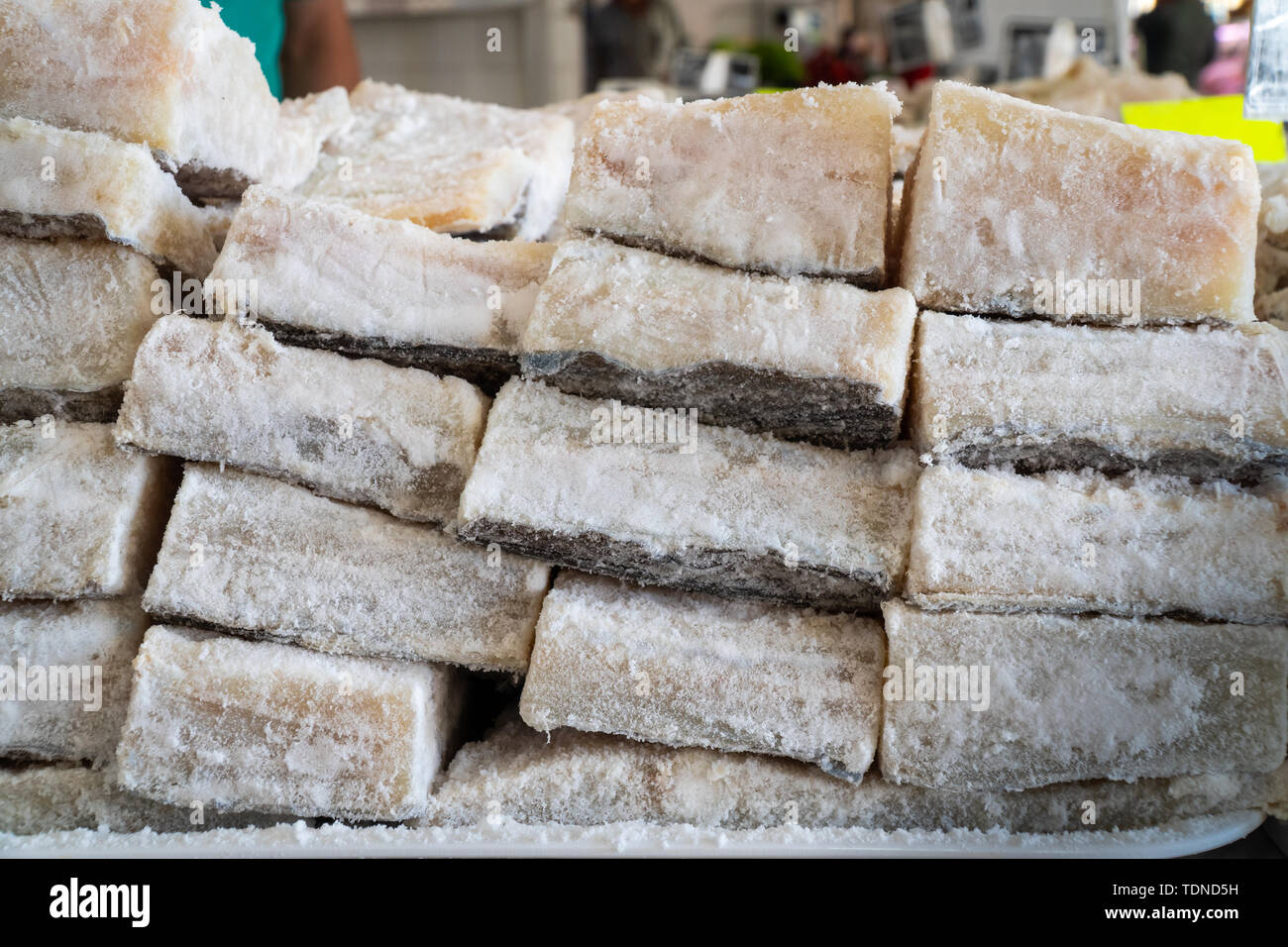 Dried salted cod at farmers market. Typical spanish and portuguese food