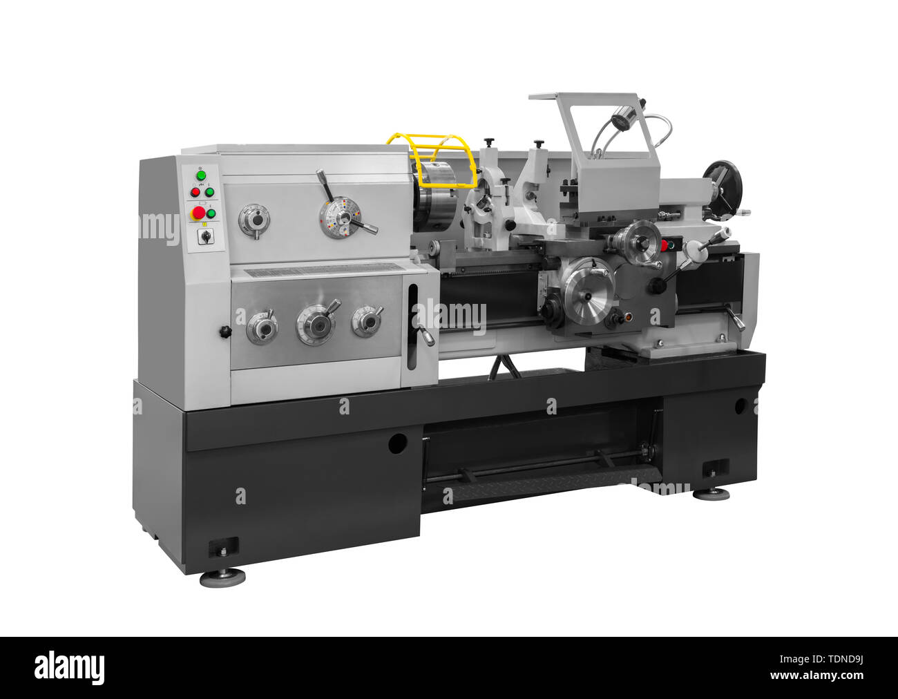 Manufacturing professional lathe machine . Industrial concept. Programmable modern digital lathe with digital program control, turret type blade holde Stock Photo