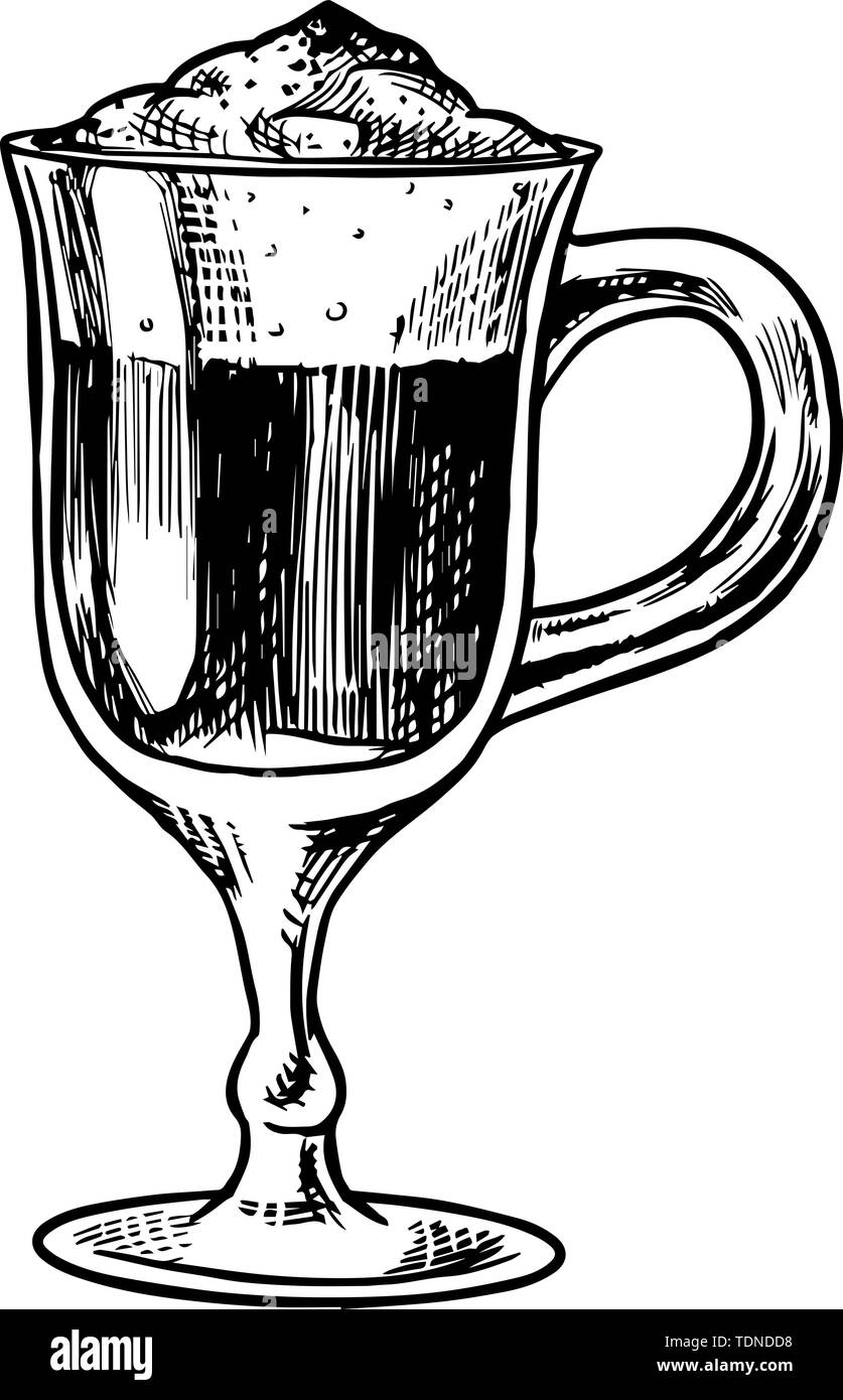 Cup of coffee in vintage style. Latte in a glass. Hand drawn engraved ...