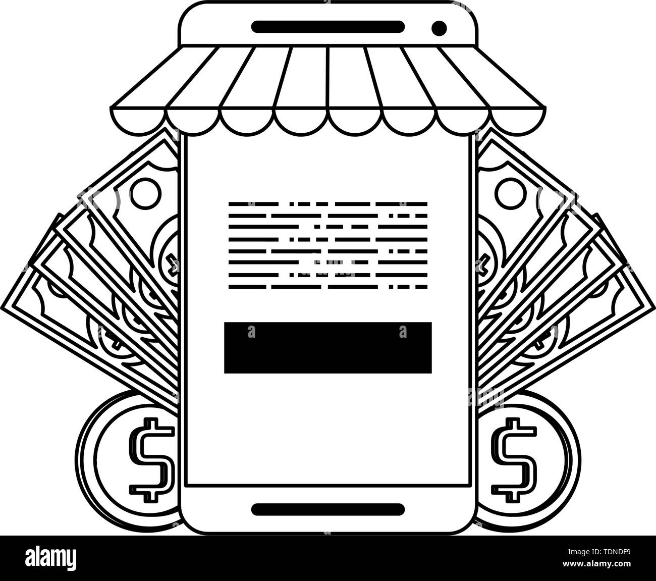 Online shopping and payment technology symbols in black and white Stock Vector