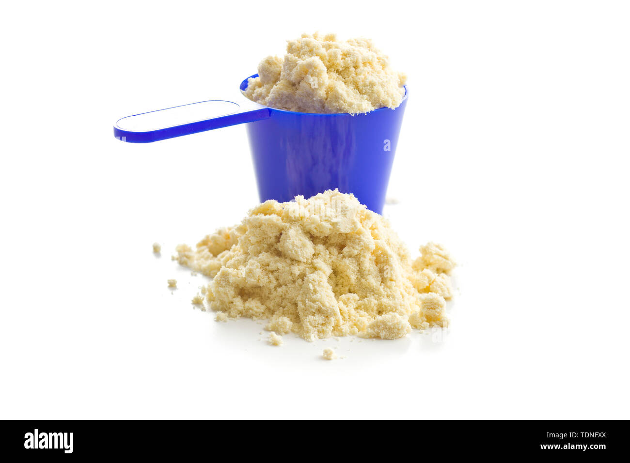 Whey protein powder in scoop isolated on white background Stock Photo