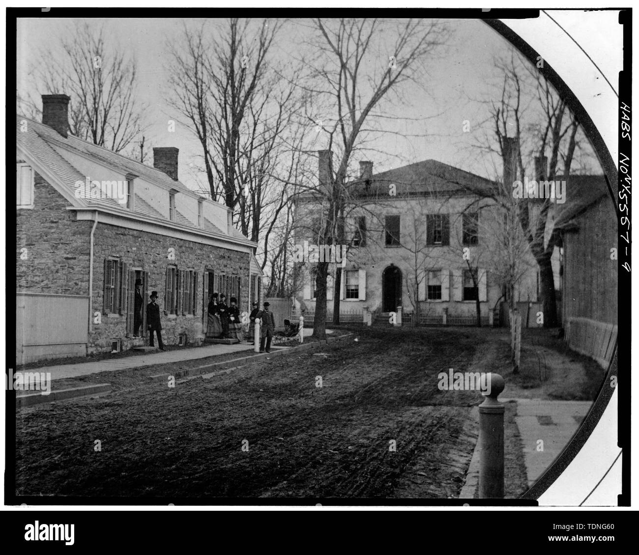 Photocopy of old photo shows the south (front) facade with its original pyramidal roof, circa 1860-70. Original photo at Senate House Museum, Kingston, New York. - John Tremper House, 3 North Front Street, Kingston, Ulster County, NY Stock Photo