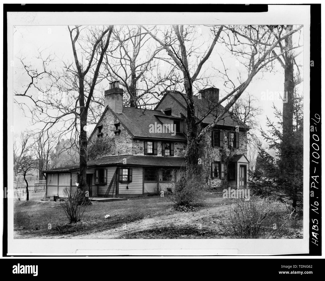 Photocopy of old photograph (Rural Pennsylvania Samuel Hotchkin, 1896, p. 221) SIDE AND FRONT ELEVATIONS, ORIGINAL HOUSE - Bolingbroke, King of Prussia Road (Radnor Township), Radnor, Delaware County, PA Stock Photo