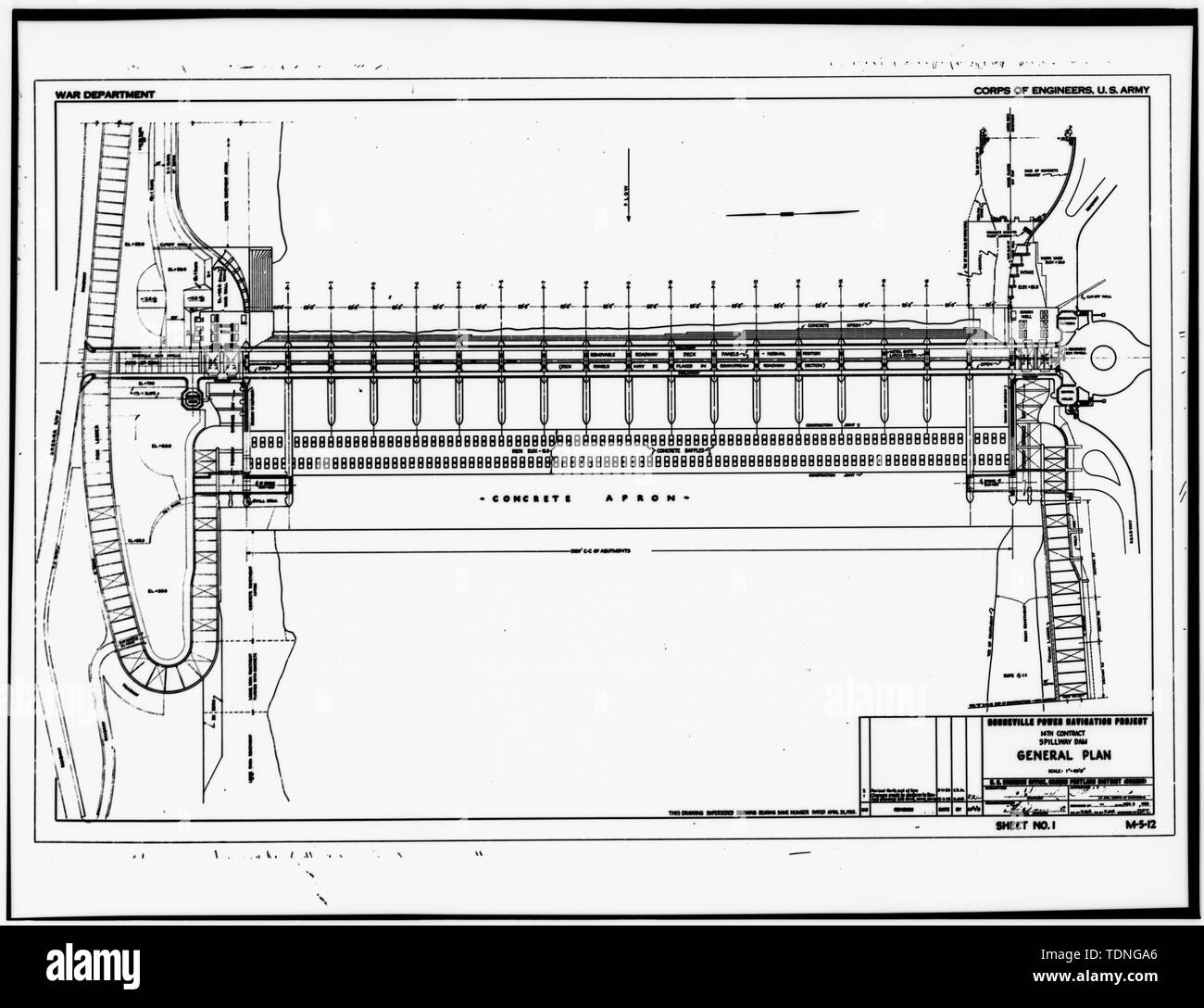 Photocopy of original construction drawing, 5 November 1935. (Original print in the possession of U.S. Army Corps of Engineers, Portland District, Portland, OR.) (M-5-12, Sheet No. 1) SPILLWAY DAM GENERAL PLAN. - Bonneville Project, Bonneville Dam, Columbia River, Bonneville, Multnomah County, OR Stock Photo