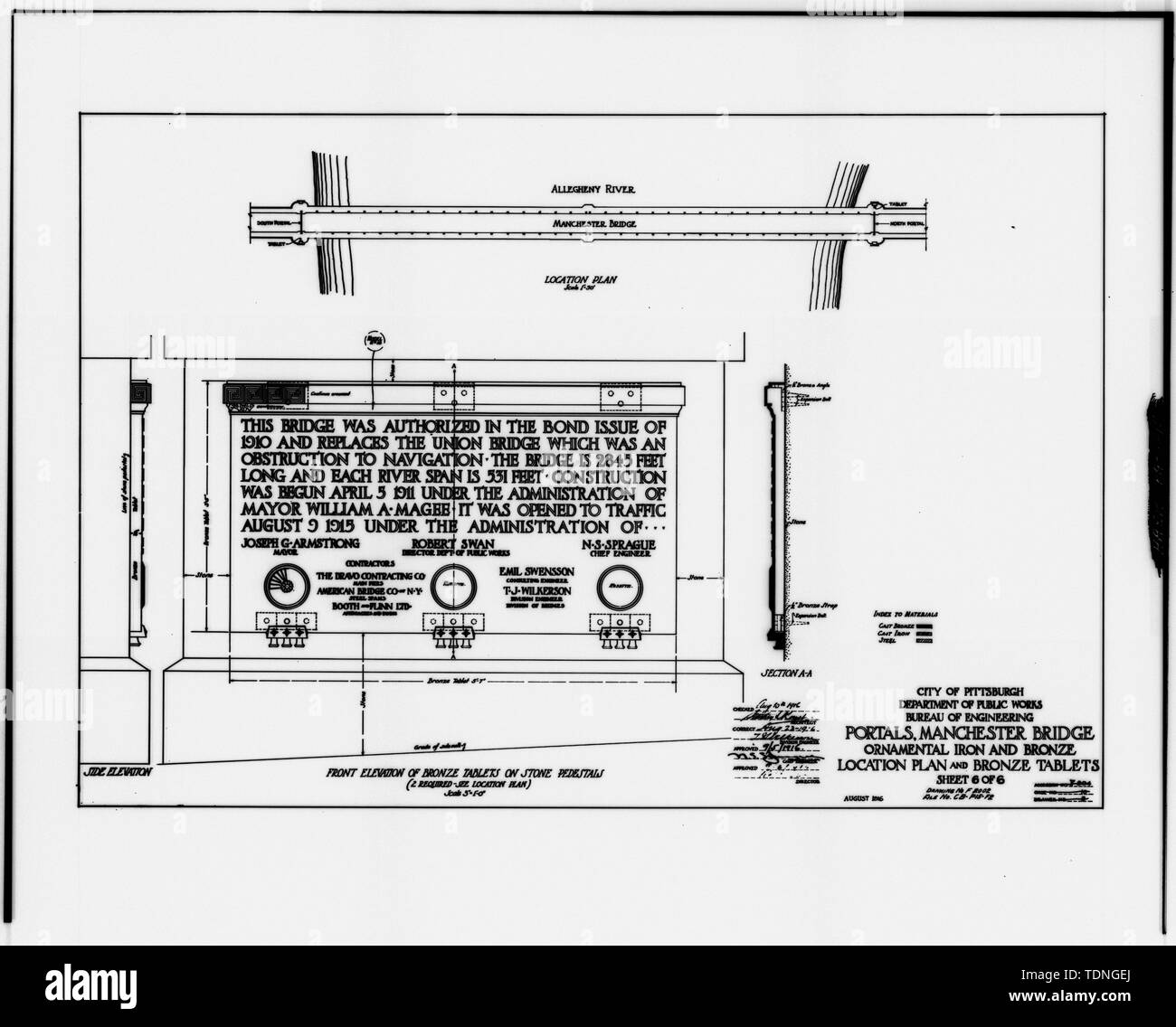 Photocopy of original drawing belonging to the Pittsburgh Department of Public Works, (n.d.). DRAWING NO. 2002- ORNAMENTAL IRON and BRONZE, LOCATION PLAN AND BRONZE TABLETS. - North Side Point Bridge, Spanning Allegheny River at Point of Pittsburgh, Pittsburgh, Allegheny County, PA Stock Photo