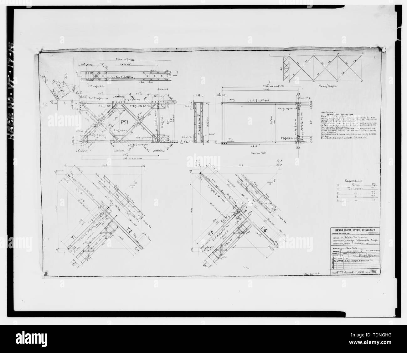 Photocopy of original drawing, Bethlehem Steel Company (Bethlehem, PA) 1928 (Source- Vermont Agency of Transportation) DETAILS OF PORTALS AND TOP LATERALS - Jeffersonville Bridge, Spanning Lamoille River on Vermont Route 15, Cambridge, Lamoille County, VT; Bethlehem Steel Company; Church, Alison B, historian Stock Photo