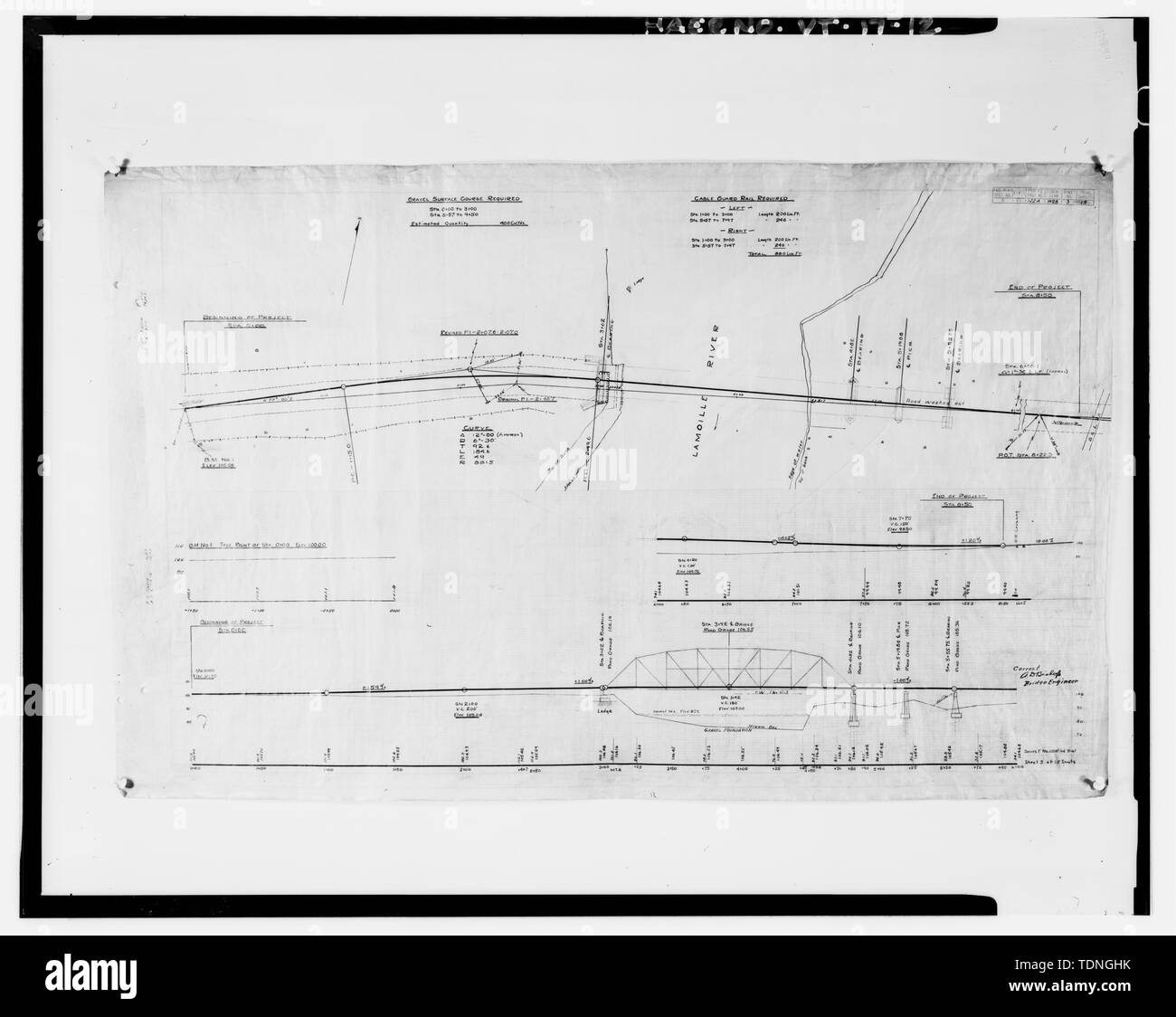 Photocopy of original drawing, Bethlehem Steel Company (Bethlehem, PA) 1928 (Source- Vermont Agency of Transportation) PLAN AND PROFILE - Jeffersonville Bridge, Spanning Lamoille River on Vermont Route 15, Cambridge, Lamoille County, VT; Bethlehem Steel Company; Church, Alison B, historian Stock Photo