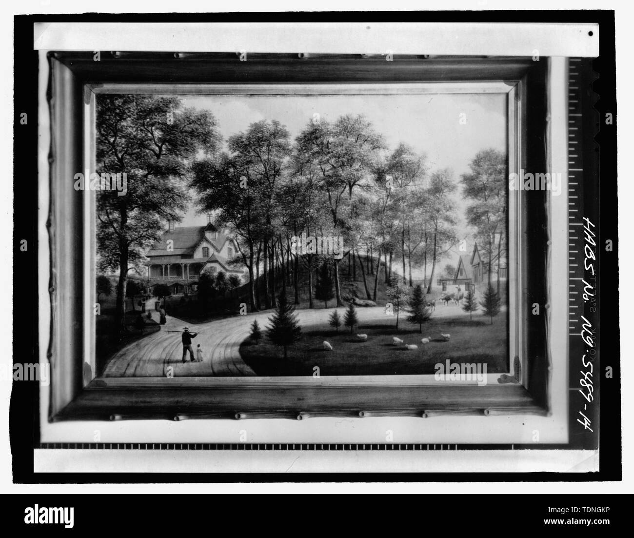 Photocopy of original painting by H. Critten (original in collection of Miss Ella Zoellner) GENERAL VIEW OF ESTATE WITH COTTAGE IN LEFT BACKGROUND AND STABLES AND BARN ON RIGHT - Springside, Academy Street, Poughkeepsie, Dutchess County, NY Stock Photo