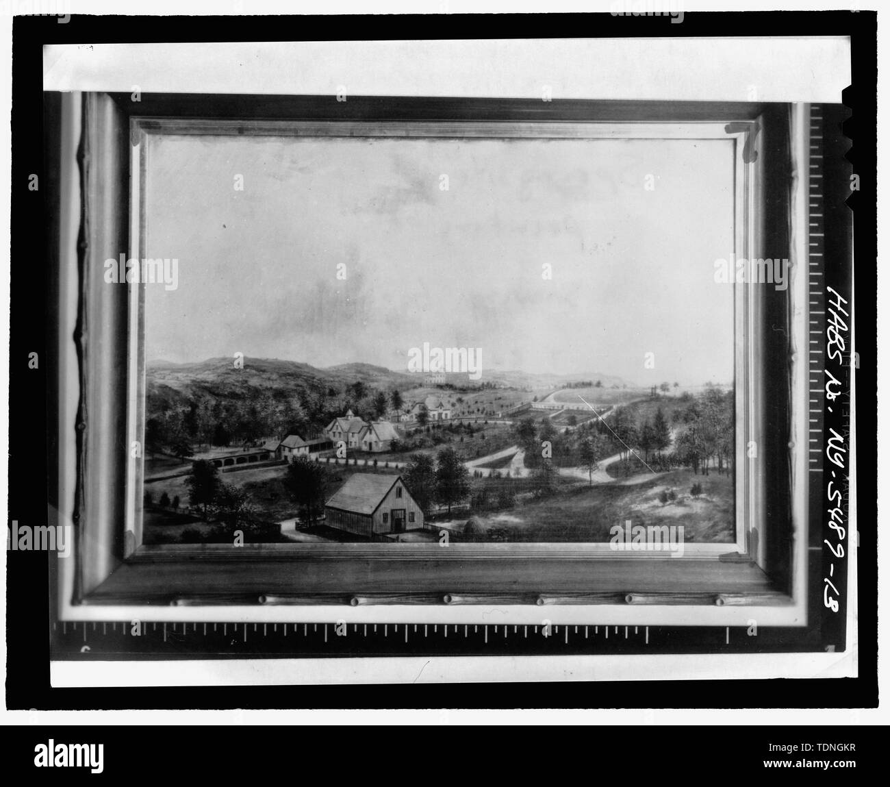 Photocopy of original painting by H. Critten (original in the collection of Miss Ella Zoellner) AERIAL VIEW OF ESTATE WITH BARN AND STABLES IN CENTERGROUND AND COTTAGE BEYOND - Springside, Academy Street, Poughkeepsie, Dutchess County, NY Stock Photo