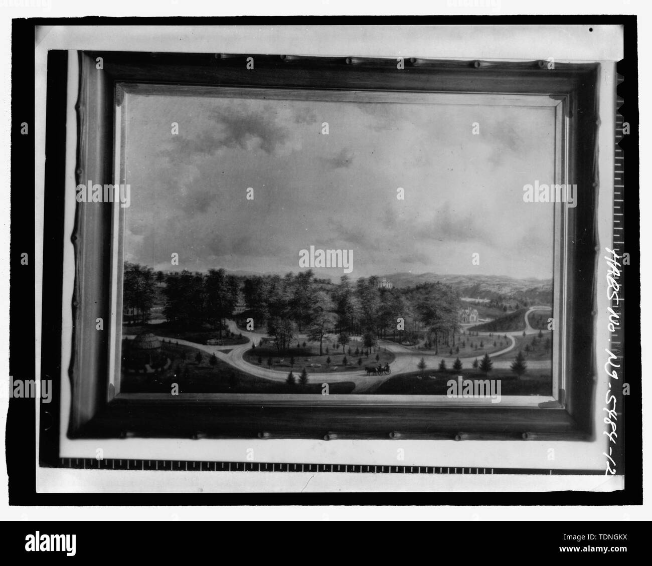 Photocopy of original painting by H. Critten (original in the collection of Miss Ella Zoellner) AERIAL VIEW SHOWING DOWNING LANDSCAPING AND COTTAGE AT RIGHT - Springside, Academy Street, Poughkeepsie, Dutchess County, NY Stock Photo