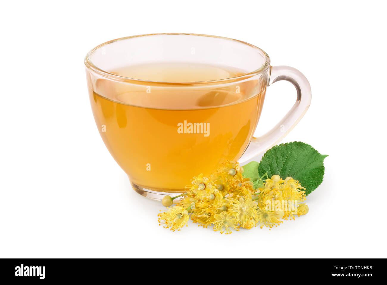 Tea from Linden flowers in glass cup with flower clusters of lime isolated on white background Stock Photo