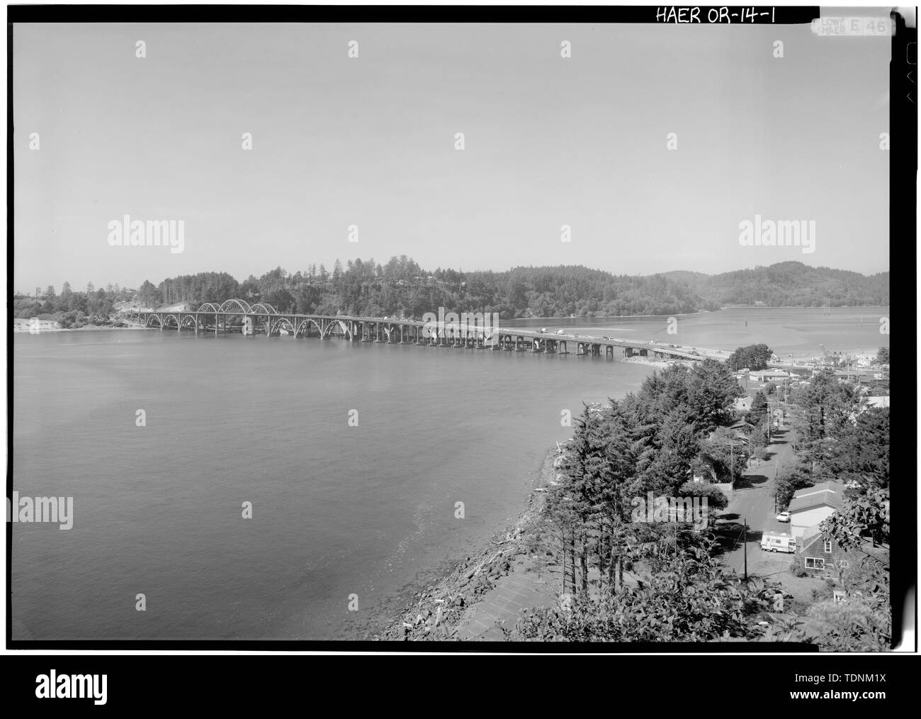Perspective view from south - Alsea Bay Bridge, Spanning Alsea Bay at Oregon Coast Highway, Waldport, Lincoln County, OR Stock Photo