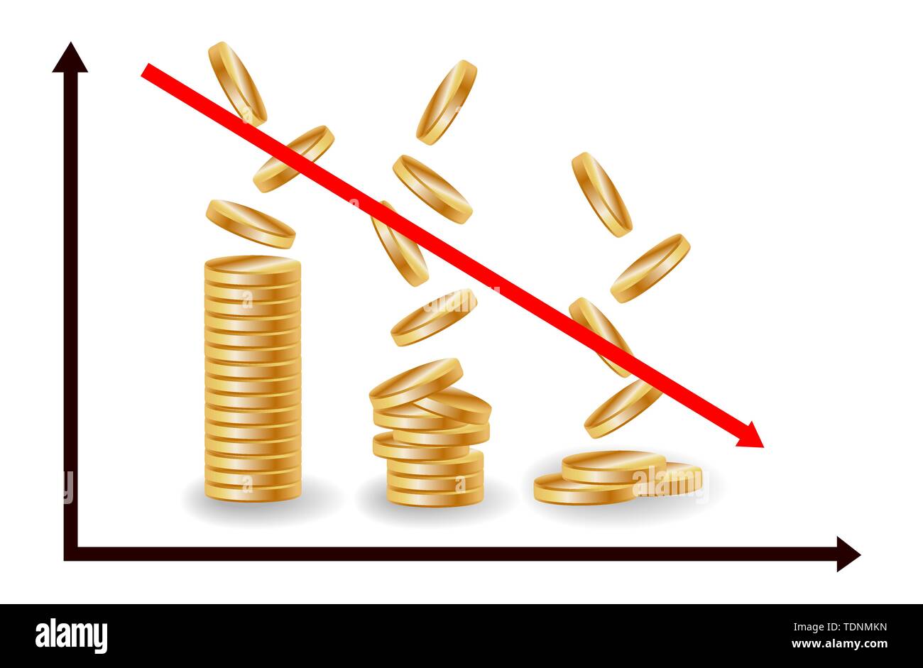 Decreasing piles of coins with going down graph. Concept for financial fall Stock Vector