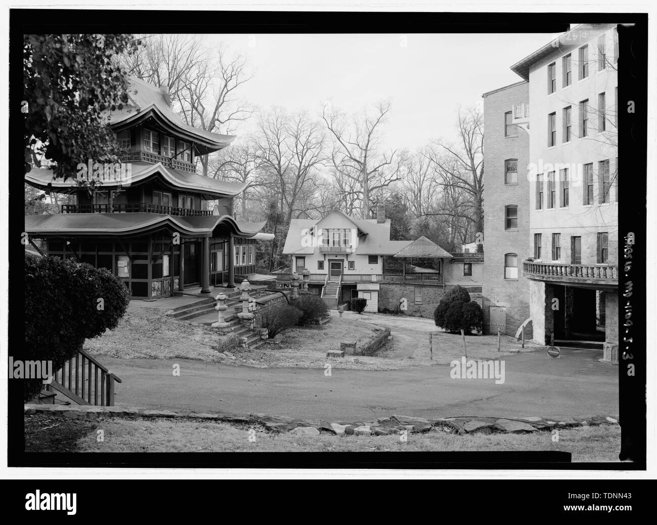 Perspective view looking from the east to Pagoda; note Swiss Chalet in background - National Park Seminary, Japanese Pagoda, 2805 Linden Lane, Silver Spring, Montgomery County, MD; Chi Psi Epsilon sorority; Price, Virginia B, transmitter; Ott, Cynthia, historian; Boucher, Jack E, photographer; Price, Virginia B, transmitter; Lavoie, Catherine C, project manager Stock Photo