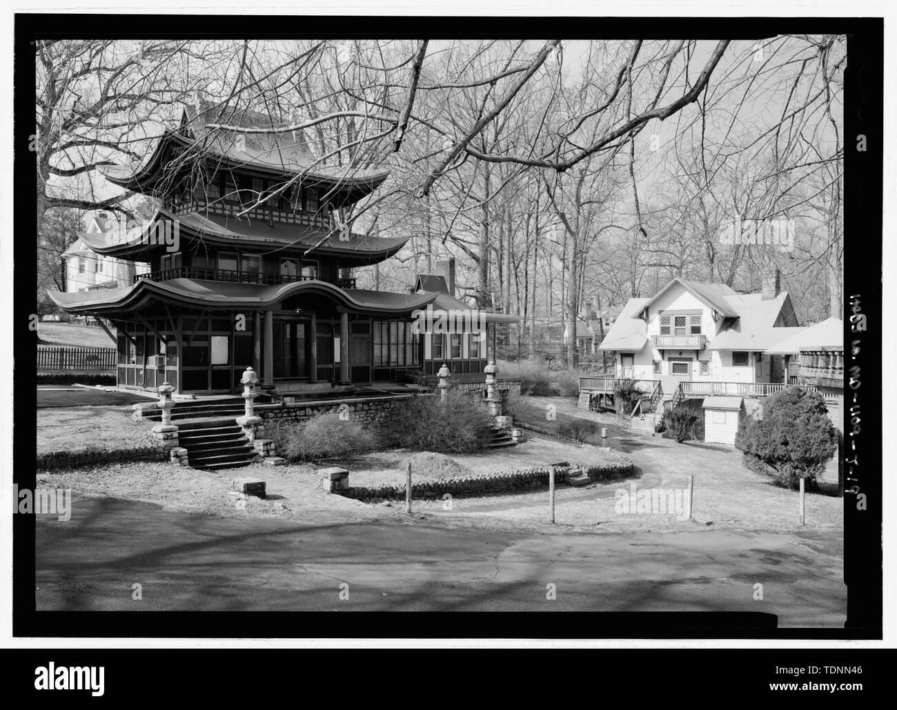 Perspective view looking from the east to the east northeast facade, with Swiss Chalet in background, to replicate the view shown in MD-1109-J-18 - National Park Seminary, Japanese Pagoda, 2805 Linden Lane, Silver Spring, Montgomery County, MD; Chi Psi Epsilon sorority; Price, Virginia B, transmitter; Ott, Cynthia, historian; Boucher, Jack E, photographer; Price, Virginia B, transmitter; Lavoie, Catherine C, project manager Stock Photo