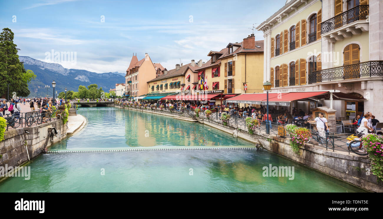 ANNECY, FRANCE - AUGUST 13, 2018: Tourists enjoying view of Old town Stock Photo