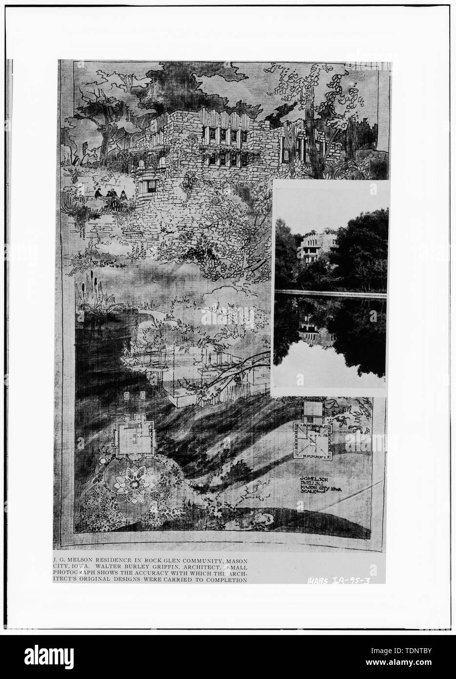 Photocopy form Western Architect, Vol, 19, No. 8, August 1913, following page 80. 'TOWN AND COMMUNITY PLANNING, WALTER BURLEY GRIFFEN.' ORIGINAL PRESENTATION DRAWING AT NORTHWESTERN UNIVERSITY, ART DEPARTMENT. - Joshua G. Melson House, 56 River Heights Drive, Mason City, Cerro Gordo County, IA Stock Photo
