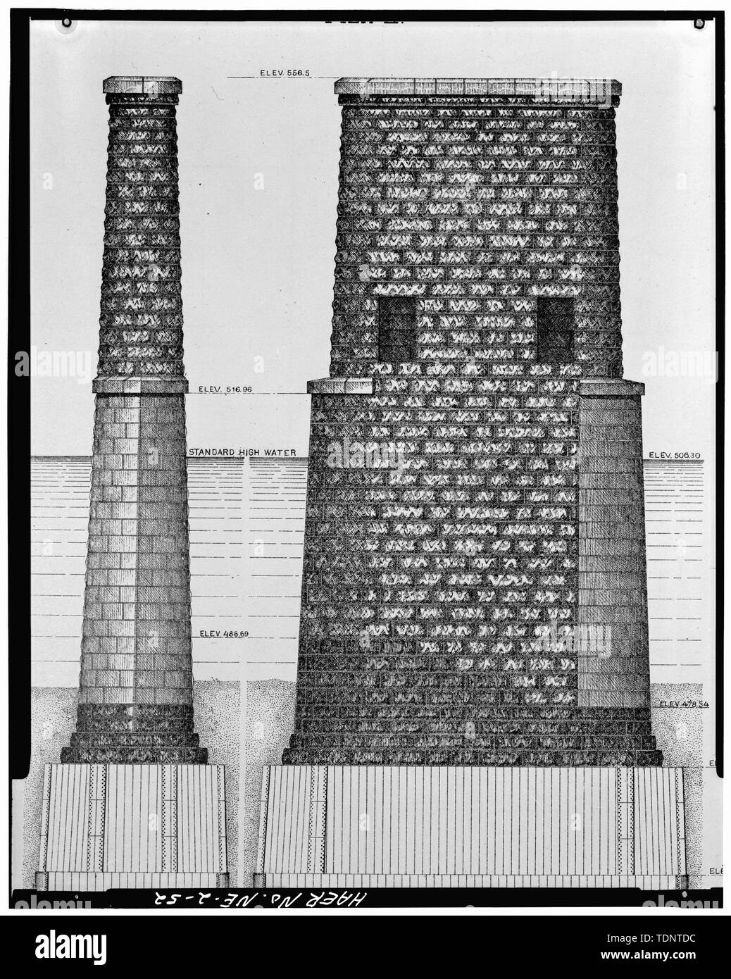 Photocopy from George S. Morison's The Nebraska City Bridge, 1892. END AND SIDE ELEVATIONS OF MASONRY PIER II - Nebraska City Bridge, Spanning Missouri River near Highway 2 between Nebraska and Iowa, Nebraska City, Otoe County, NE Stock Photo